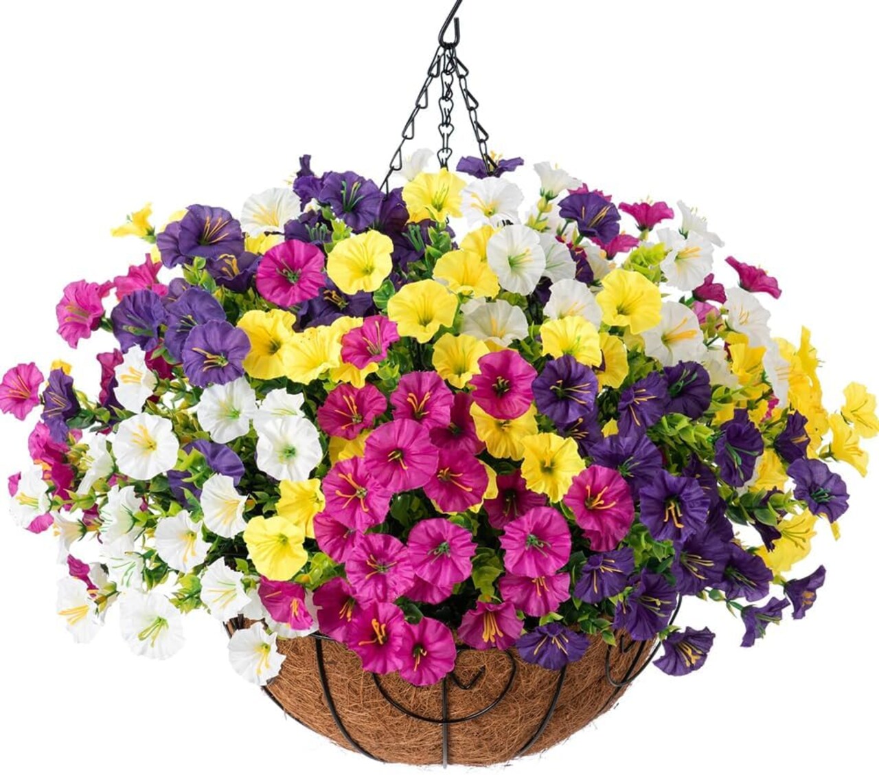 Artificial Hanging Flowers Faux Plants Basket for Outdoors Spring Decor, Fake Silk Morning Glory with Eucalyptus in Planter UV Resistant Outdoor Flowers for Outside Porch Patio Garden Home